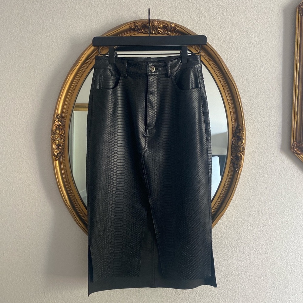 Black snake imitation leather midi skirt